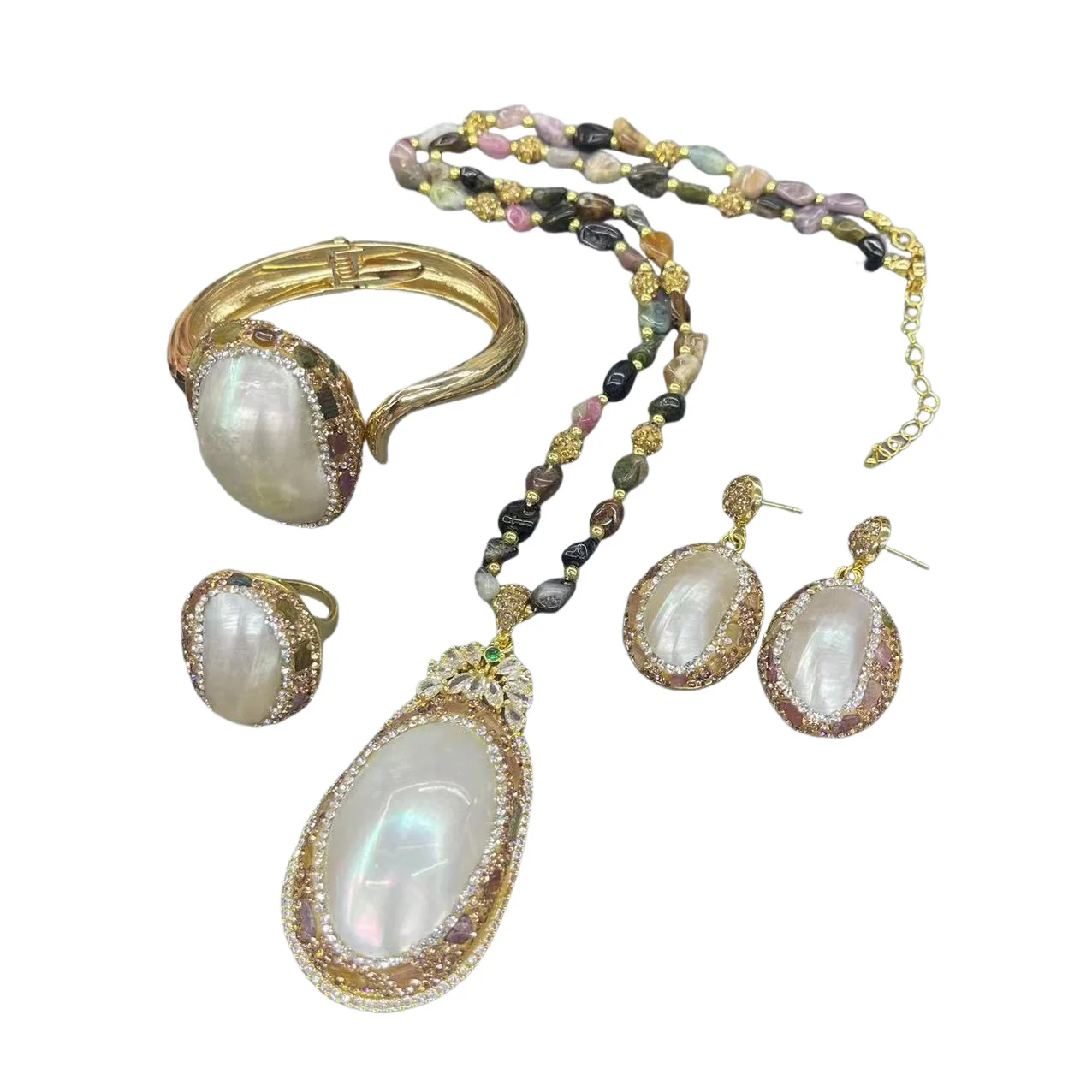 مجموعة مجوهرات اللؤلؤ الطبيعي للنساء من أحجار التورمالين والأحجار الكريمة المرصعة بقلادة وأقراط وسوار وخاتم أنيق