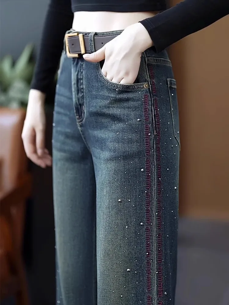 

High Waist Straight Leg Denim Jeans Women's Spring Autumn 2025 New Sle Embroidered Rhinestone Slimming Vintage Narrow Wide ...