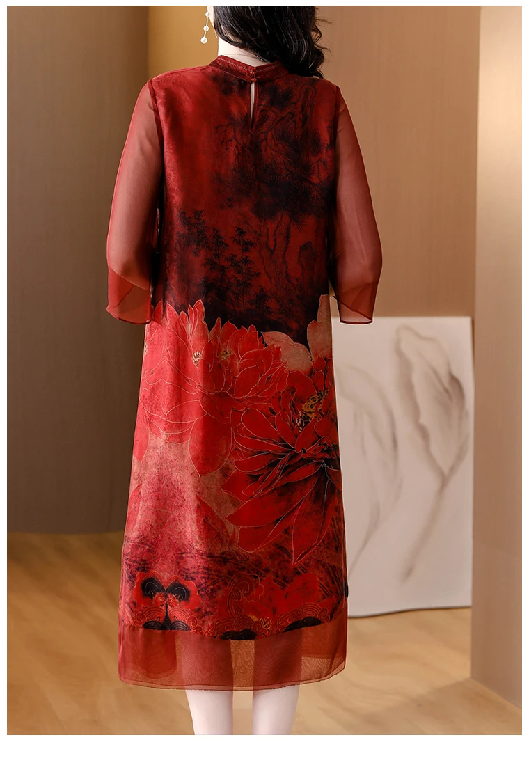 2024 Summer New Flower Printed Silk Short sleeved Dress in Chinese National Style Loose Large O-Neck Slim Qipao Dress