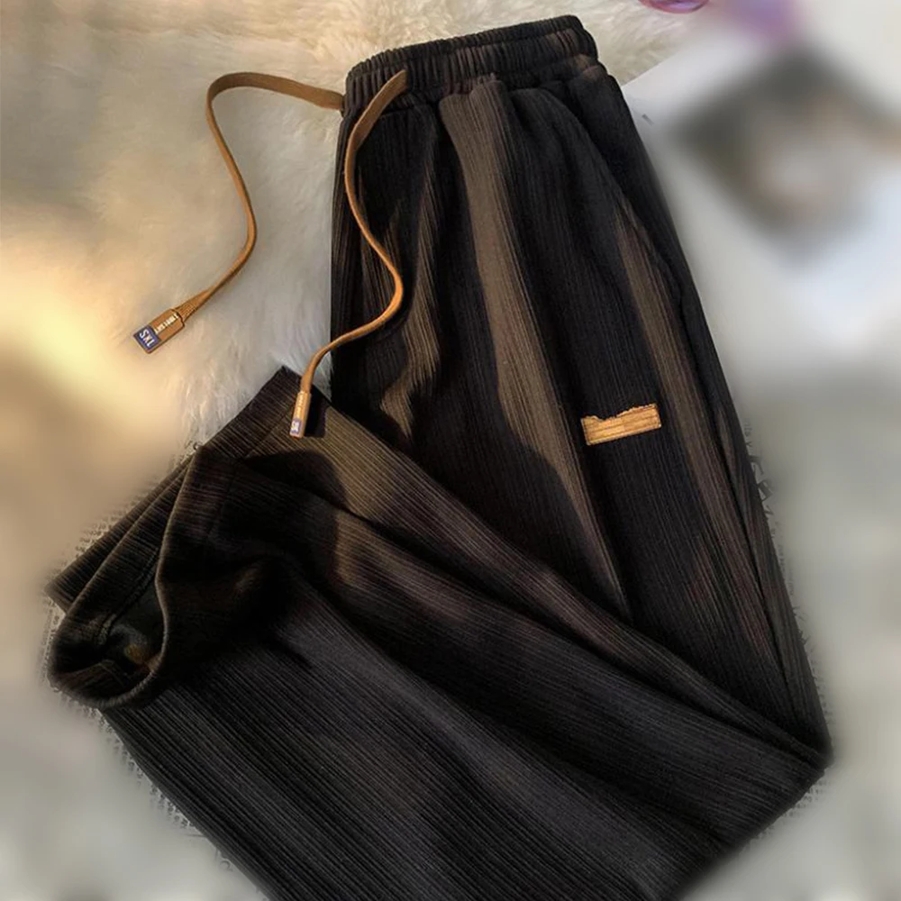 Knitted Drawstring Wide-leg Pants Elastic Waistband Polyester Moderate Elasticity Comfortable Casual Trousers Trendy