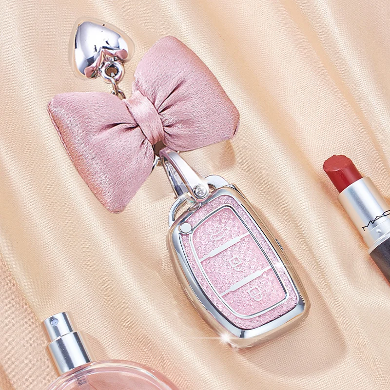 Crystal Pink TPU for Hyundai Solaris Ix35 Ix45 ELANTRA Santa Fe HB20 Verna 3 Button Remote Car Key Case Cover Fob Bag Keychain
