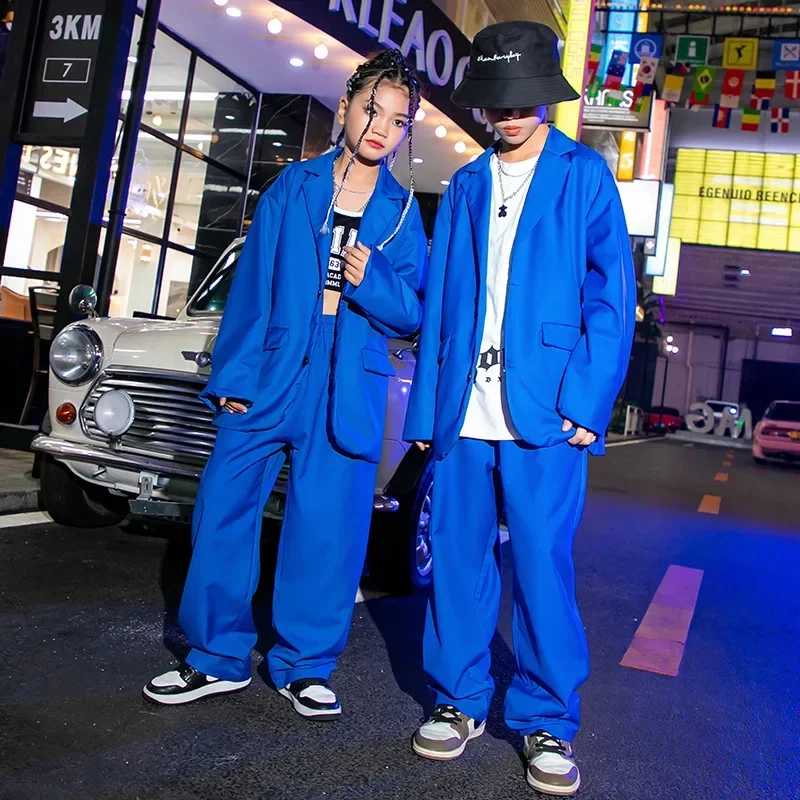 Tanz kostüm Kleidung Anzug Set Kind Kpop Hip Hop Kleidung blau übergroße Blazer Jacke Streetwear Baggy Pants für Mädchen Junge Jazz