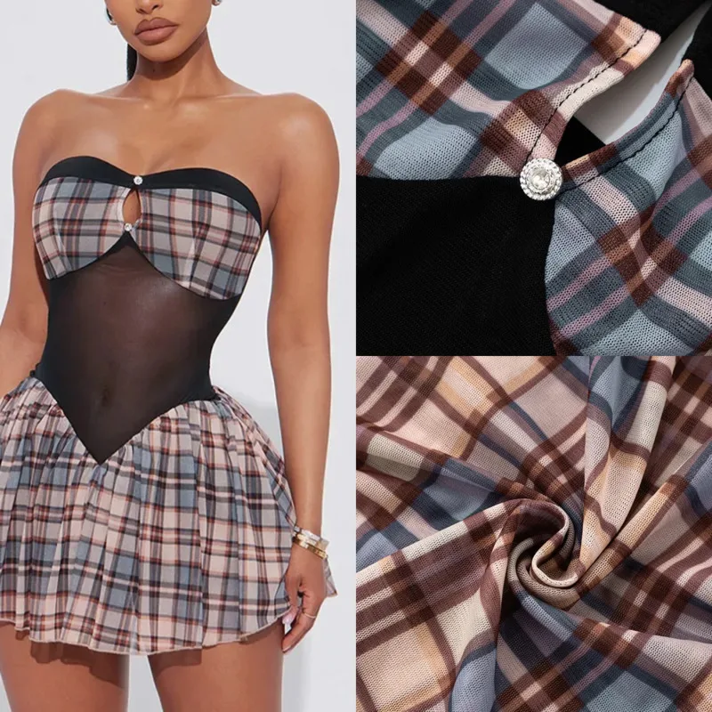 

Vintage Plaid Off Shoulder Mesh Patchwork Dress Women Backless Pleated Mini Skirt High Waist Slim Fit A-line Summer Y2K Outfit