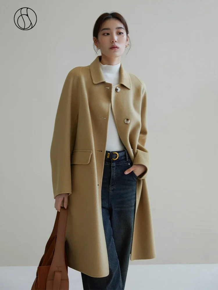 DUSHU Fashionable Style Cashmere Coat Elegant 92.7% Sheep Wool 7.3% Camel Hair Long Coats for Women Winter Commuting Woolen Coat