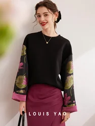LOUIS YAO 2024 Autumn Classic Knitted Flower Fabric Splicing Long Sleeve Top Round Neck Micro Elastic Loose Women's Sweatshirt