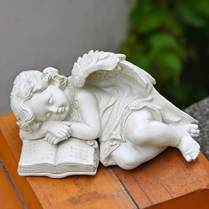 Vintage Garden Angel Statue Solar Powered Outdoor Decor Resin Antique Winged Angel Durable Ornament for Yard Patio Pathway