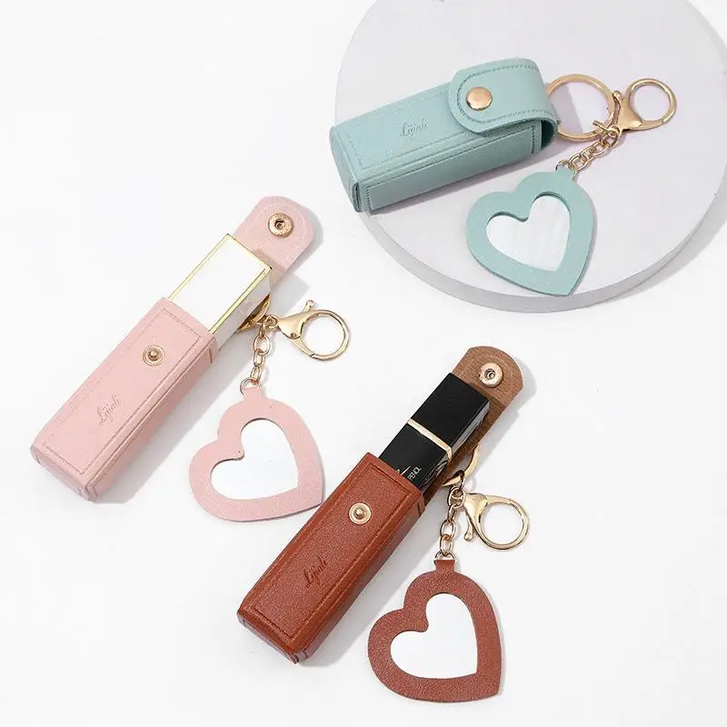 Women Beauty Lipstick Case With Keychain Soft Leather Lipstick Pouch Lip Balm Holder Clip-on Sleeve Chapstick Holder Accessories