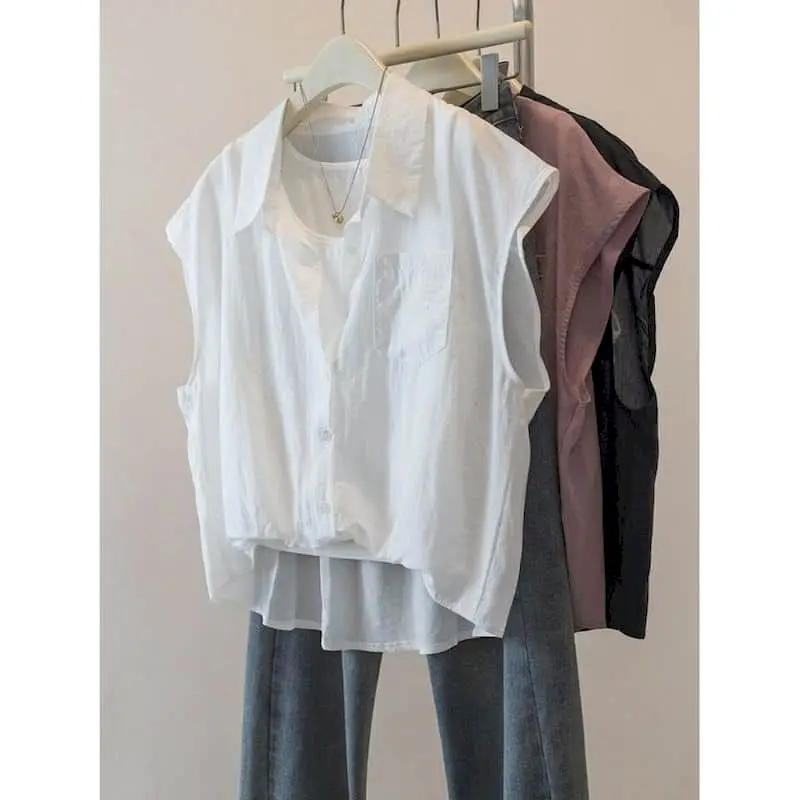 Crop Tank Tops Loose Polo-neck Casual Korean Fashion False Two-piece Design Shirts Aesthetic 2026 Summer Wear Women Clothing