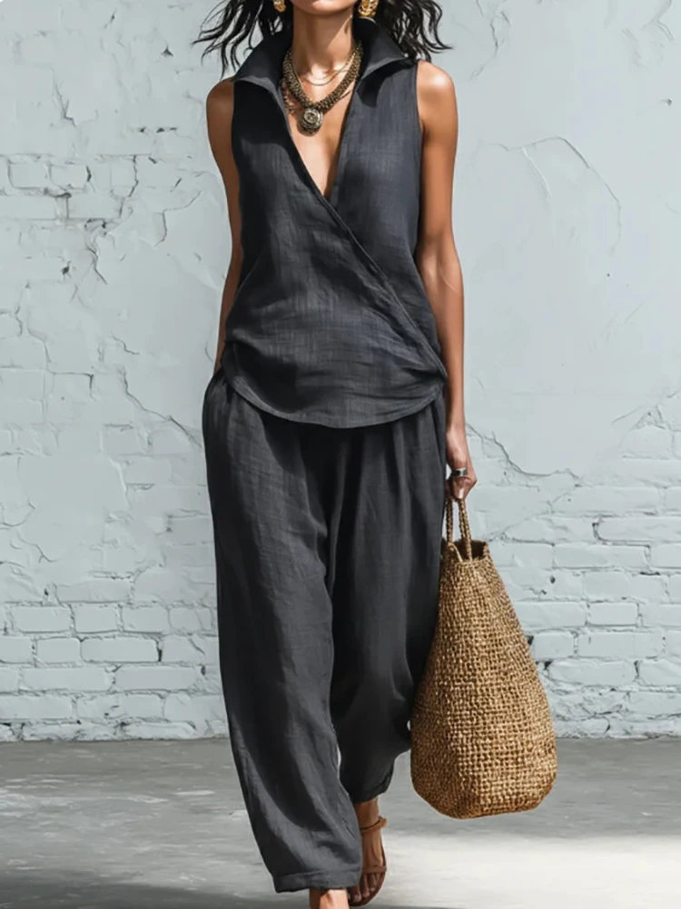 

2026 Women's Sleeveless V Neck Pullover Top Loose Pants Set Solid Casual Patchwork Spring Summer Outfits Streetwear Dropshipping