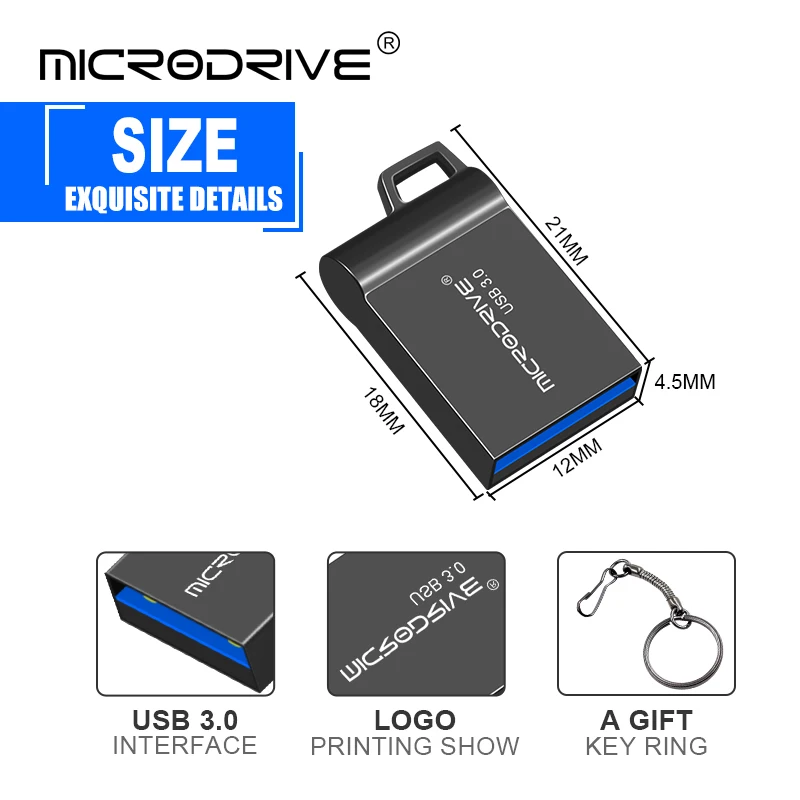 Mini clé USB 3.0 haute vitesse 16GB 32GB 64GB 128GB clé USB en métal étanche clé USB stylo bâtons de mémoire avec porte-clés