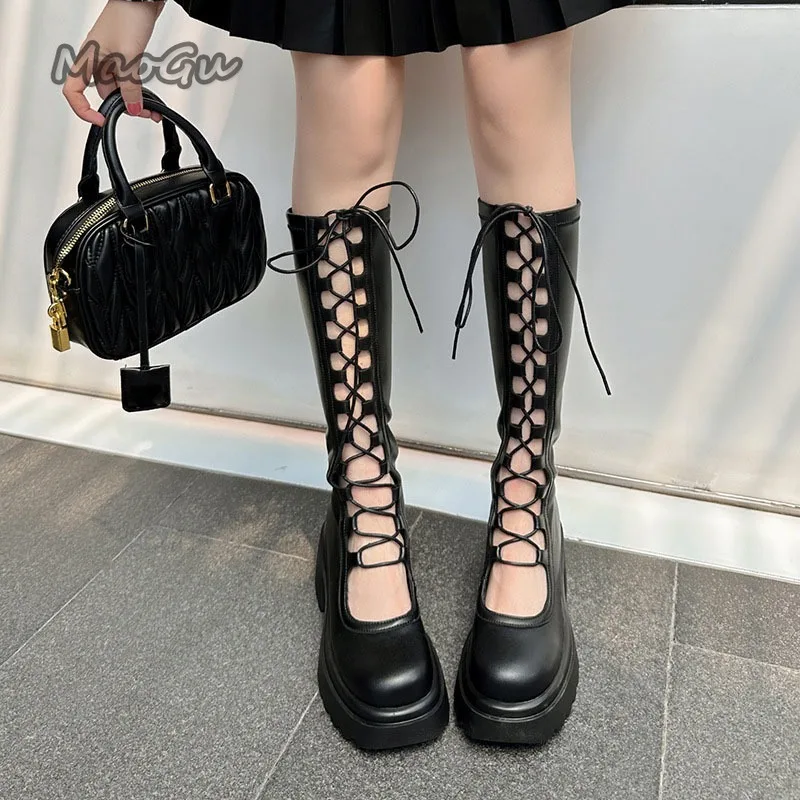 

Summer Women Knee-High Boots Fashion Lace Up Platform Shoes Ladies Elegant Brown Black Hollow Out Cool Nightclub Knight Botas