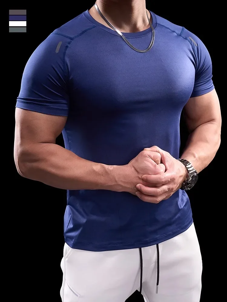 Men Sports Fitness Short-sleeved T-shirt Gym Running Training Top Quick-drying Breathable Stretch Tight Ice Silk Clothes Summer