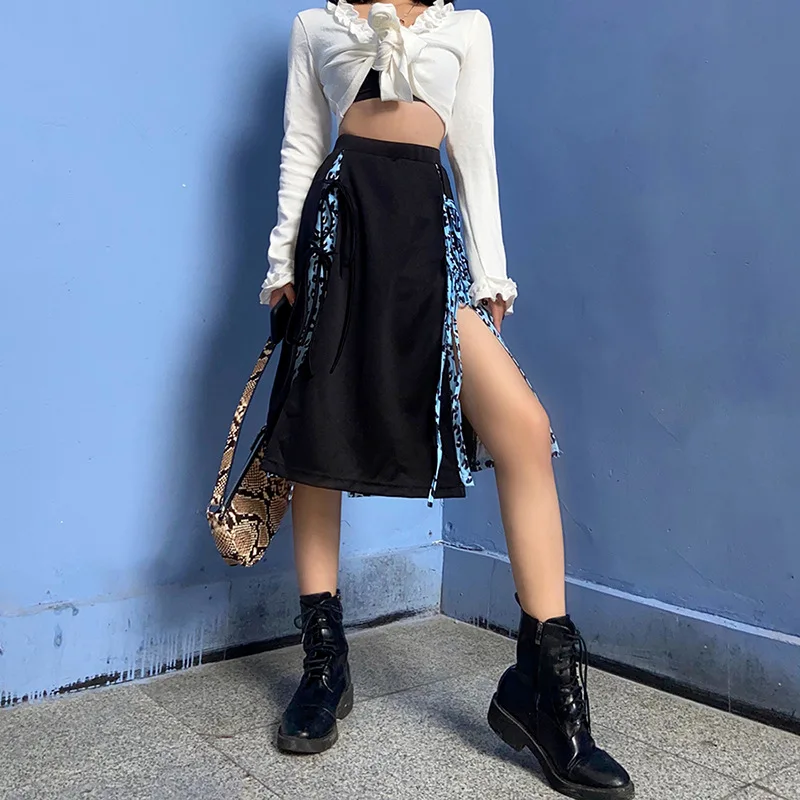 Sexy Print Patchwork Split gonne Bodycon donna dolce lunghezza al ginocchio coulisse A Line gonne coreano Fashion Party Club Streetwears