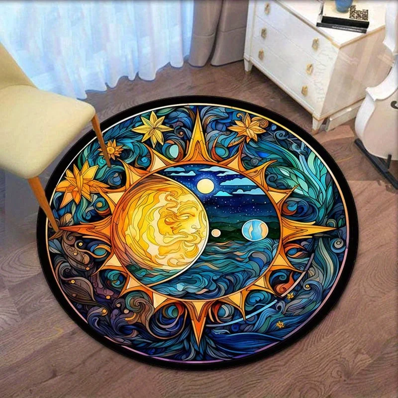 

Sun Moon Yin Yang Round Rug Crystal Velvet Celestial Pattern Cosmic Design Floor Mat Astrology Art Home Decor Spiritual Carpet