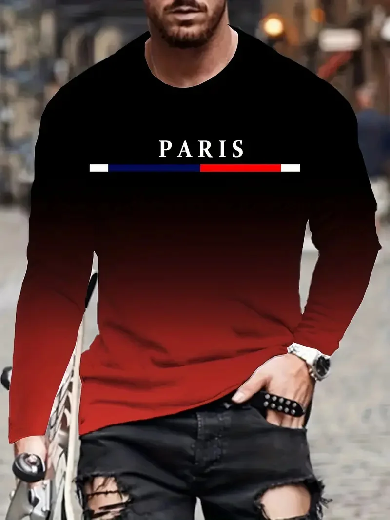 Men\'s gradient color Paris pattern printed T-shirt fashion casual long sleeved round neck outdoor sports T-shirt men\'s clothing