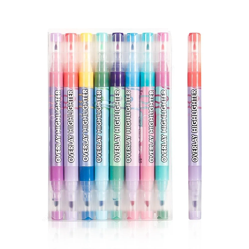 8-teiliges Overlay-Farben-Textmarker-Set, doppelseitig stapelbar, magischer fluoreszierender Kunstmarker, Liner, Zeichnen, Büro, Schule