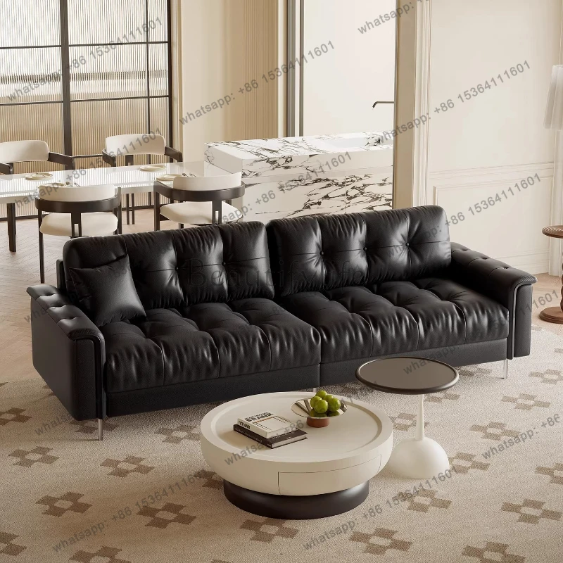 French retro sofa black leather buckle sofa small apartment straight row