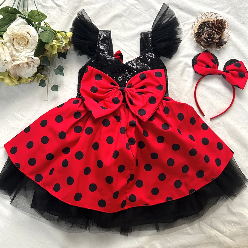 New Baby Summer Wave point Princess Dress Sequin Retro Polka Dot Dress Bow knot Tie straps girl  Carnival Birthday Clothing 2Y