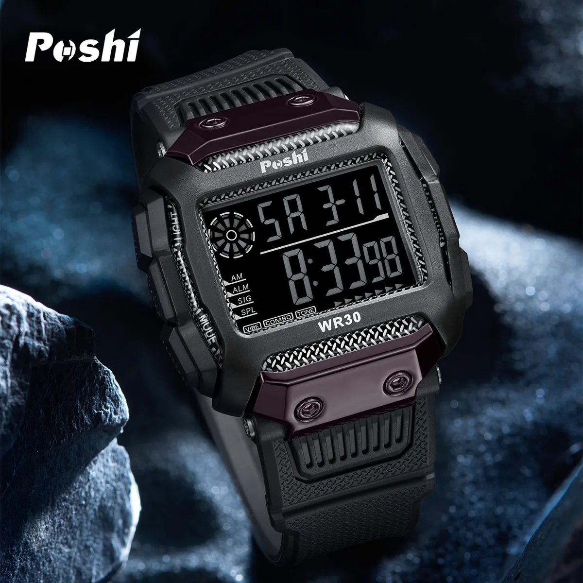 POSHI Man Digital Watch Luxury Outdoor Sport Wristwatch Stopwatch Calendar Luminous Electronic Clock 30M Waterproof