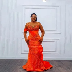 Plus Size Orange Prom Dresses Sheer Sleeve Elegant Evening Gowns Beading Mermaid Long Prom Dress Transparent Sheer Neck