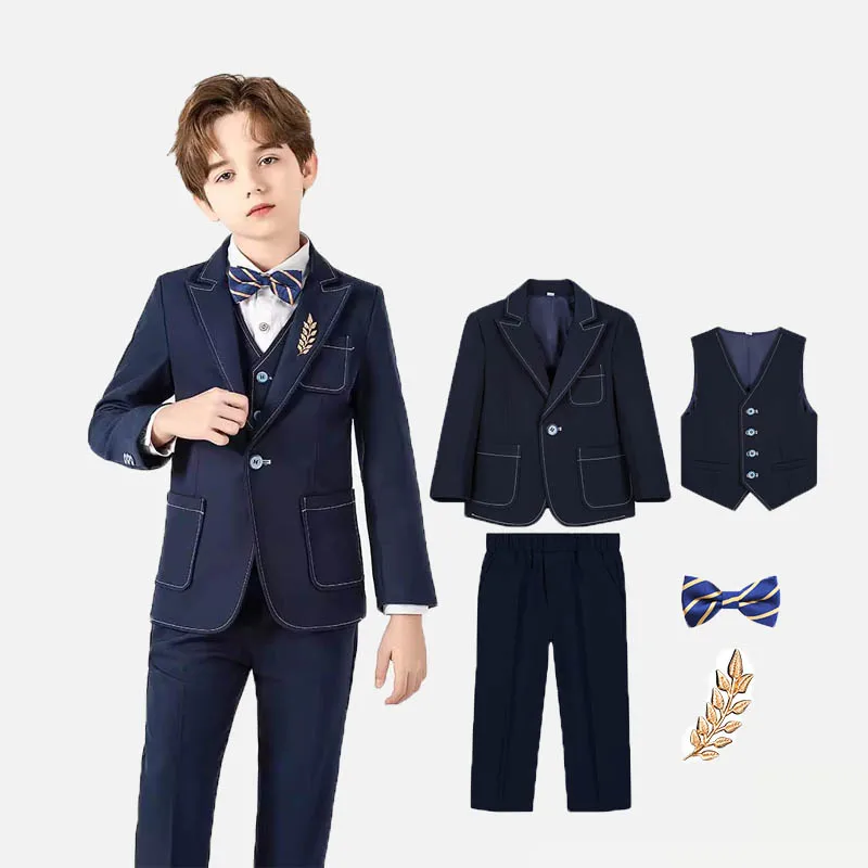 

Gentleman Kids Navy Blue 5Pieces Jacket Vest Pants Bowtie Brooch Photograph Suit Children Church Ceremony Dress Boys Costume