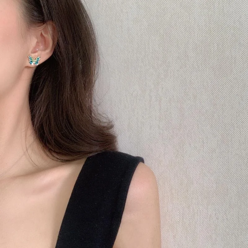 أقراط نسائية بزيت المينا على شكل فراشة أقراط جميلة كورية مجوهرات صغيرة أقراط مجوهرات #6