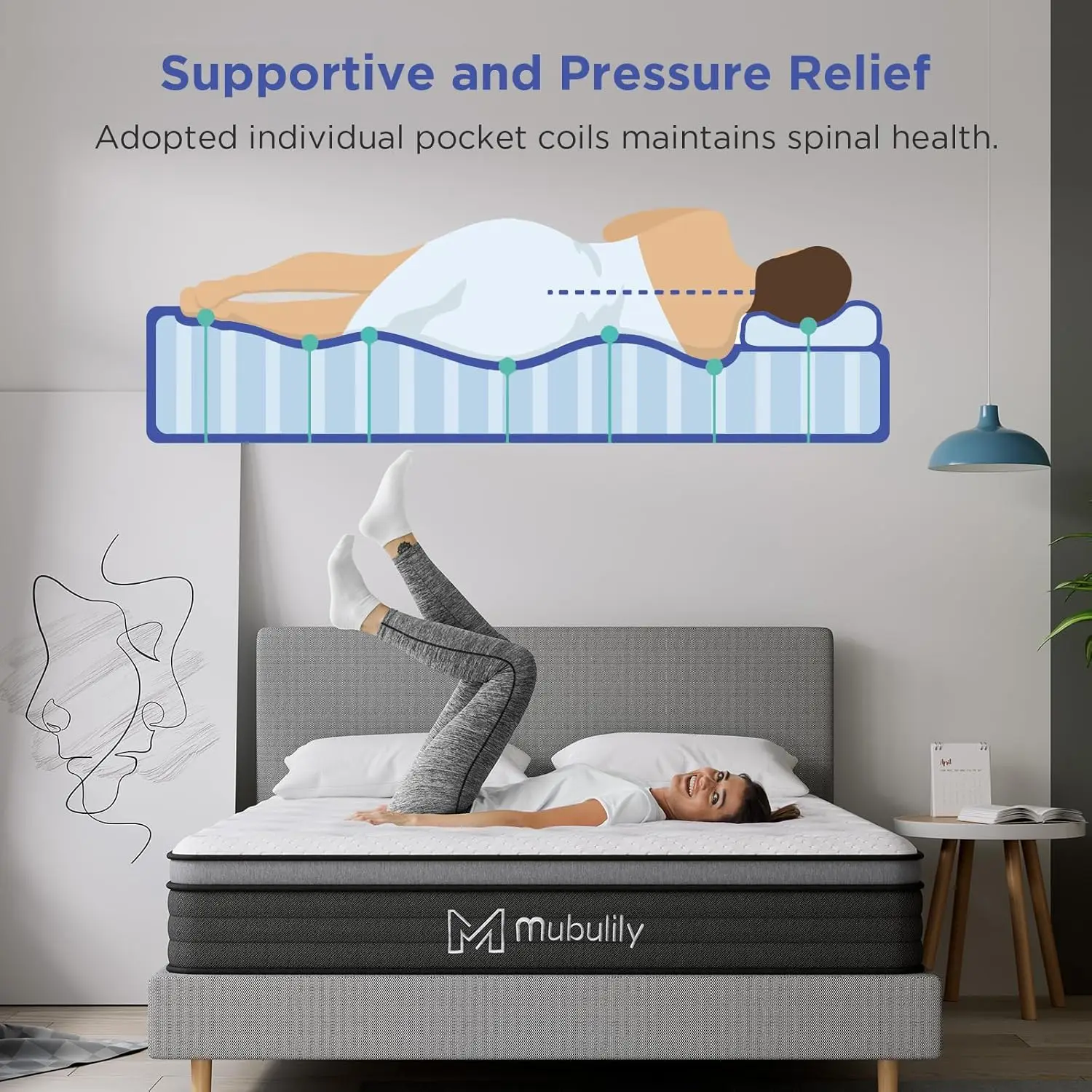 Matelas Hybride Complet de 12 Pouces, dans une Boîte avec Mousse à Mémoire de Forme en Gel, Bobines de Poche Enveloppées pour une Tenue Cool