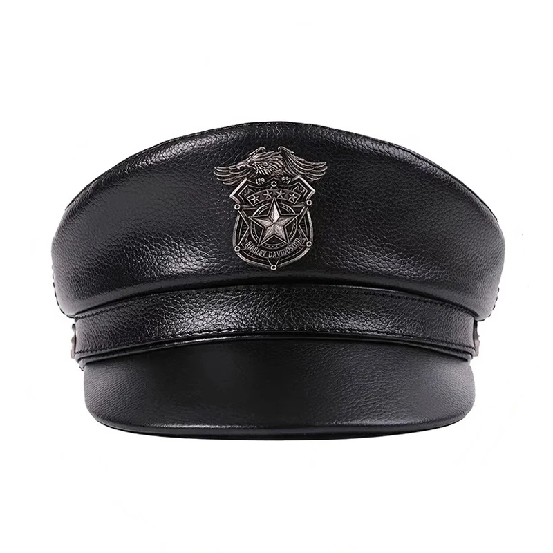 Retro Spring Men Genuine Leather Cowhide Hat Male Flat Top Eagle Badge Locomotive Military Caps Students Cortical Gorra