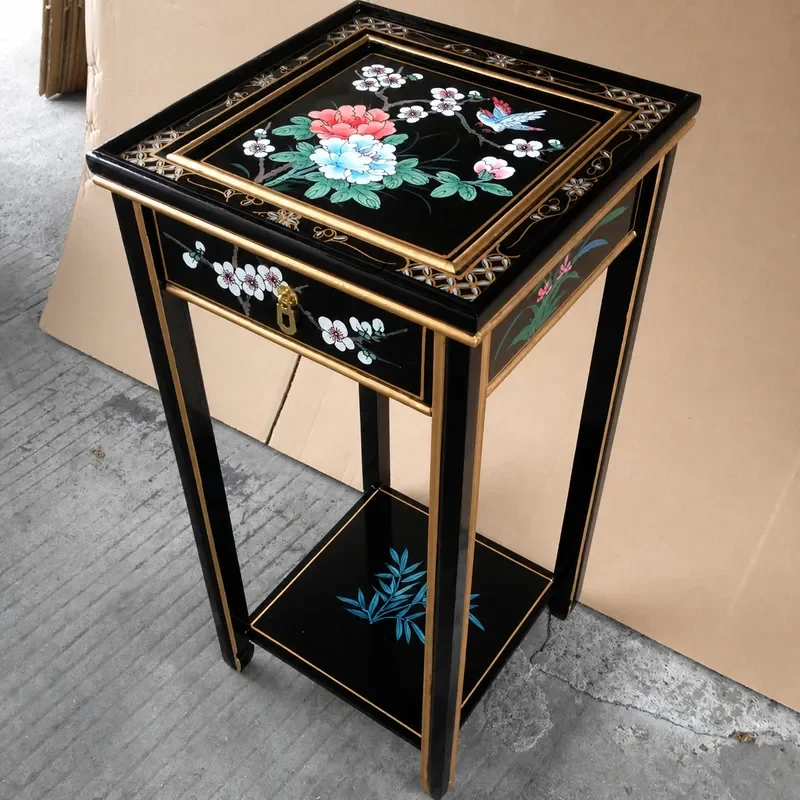 Hand Painted Peony Square Flower Pot Stand Antique Style PU High Gloss Piano Finish Bucket Table Display Rack for Home Decor