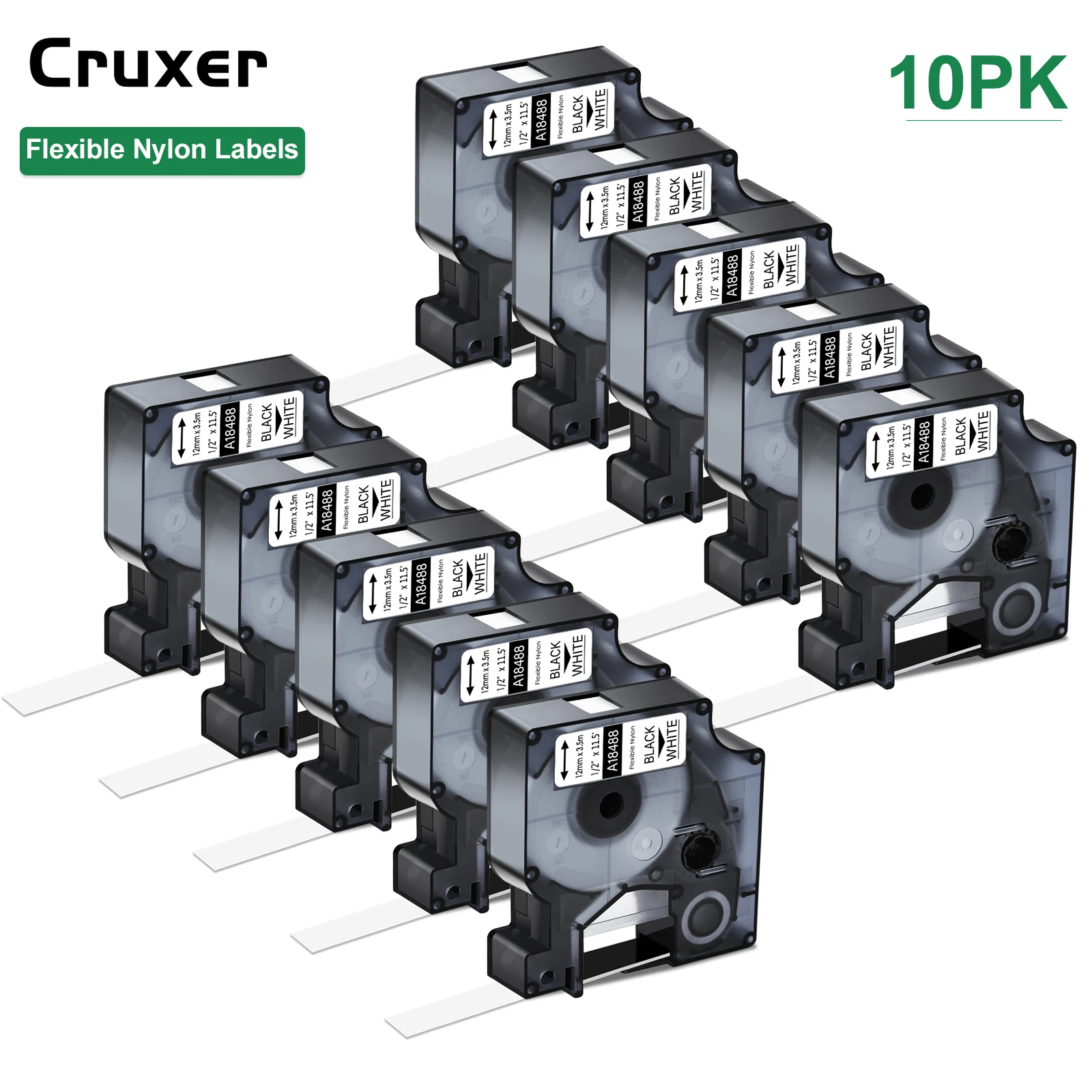 

3/5/10Pcs A18488 12/19mm Flexible Nylon Labels for DYMO 18488 18490 Black on White Label Ribbon Compatible for Rhino 4200 5200