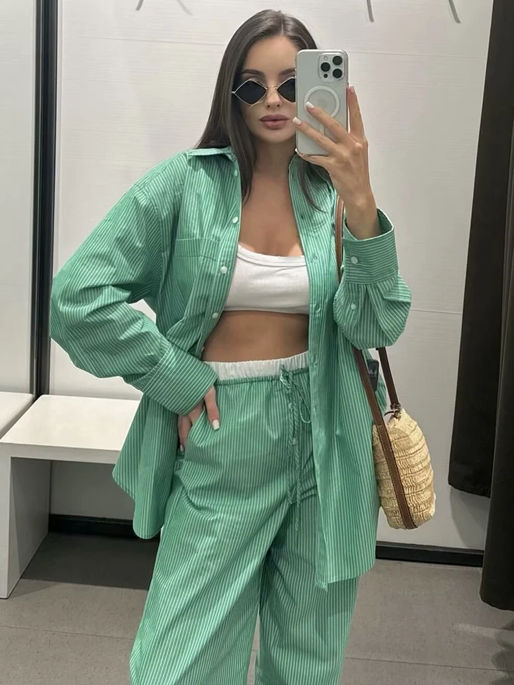 2024 Fashion Autumn Green Striped Suit Women Pocket Decoration Casual Shirt + Elastic Waist Loose Casual Trousers 2-piece Sets