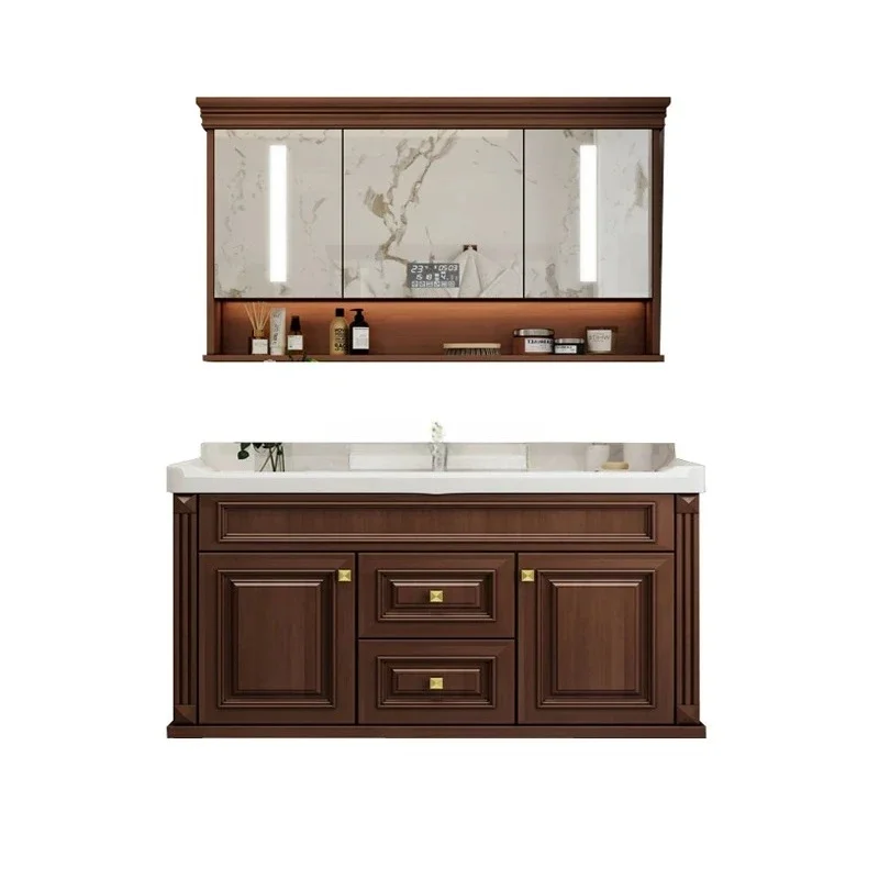 American smart bathroom cabinet wall-mounted solid wood bathroom hand wash basin cabinet mirror view 4