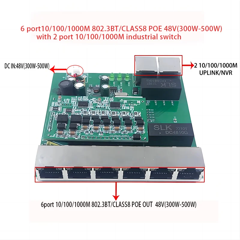 

8-port 10/100/1000M POE 48V(300W-500W) 802.3BT class8(90W.6) switch with 2 1000M UPLINK NVR Ports