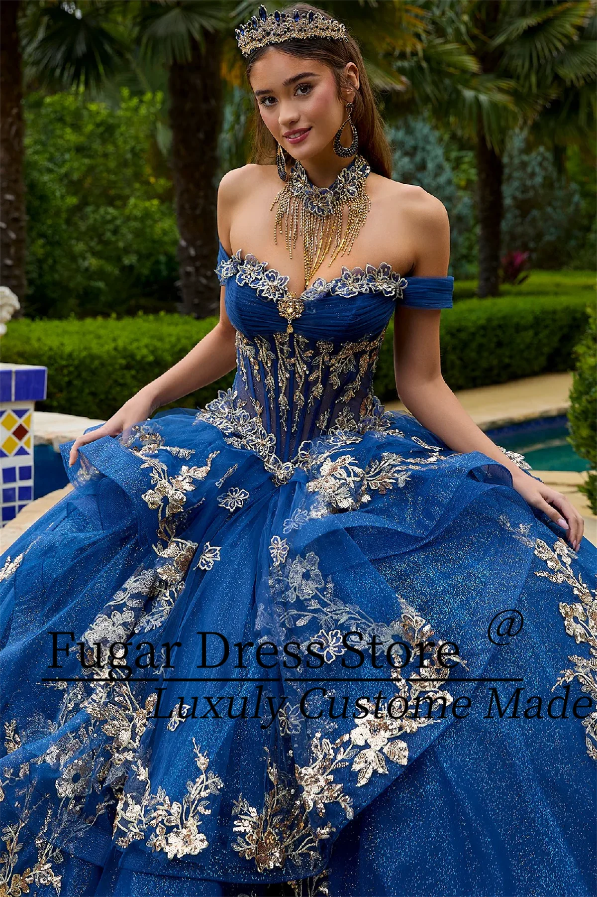 dostosowane granatowe francuskie sukienki Quinceanera Off shoulder błyszcząca metalowa naklejka z koralikami długa sukienka z odkrytymi ramionami платье для девочки