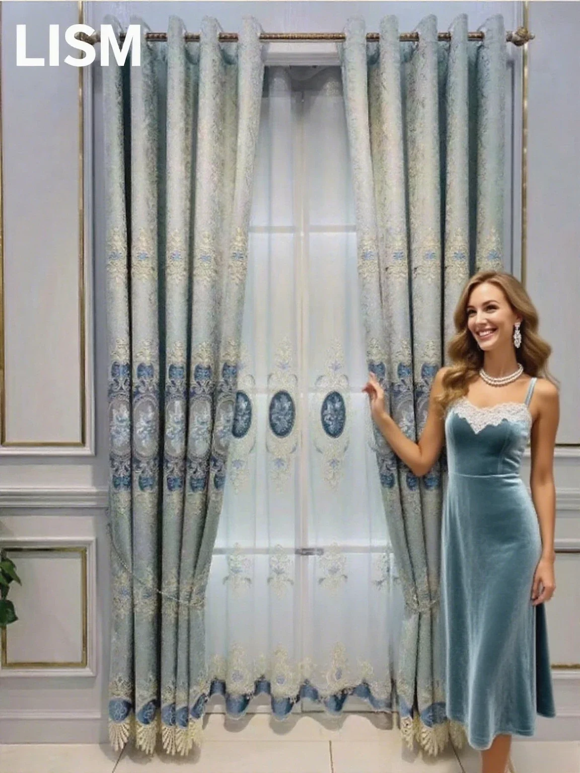 

Nordic Luxury Chenille Peony Embroidered Finished Fabric Curtains for Living Room Bedroom Window Villa Blackout Decor Tulle Set