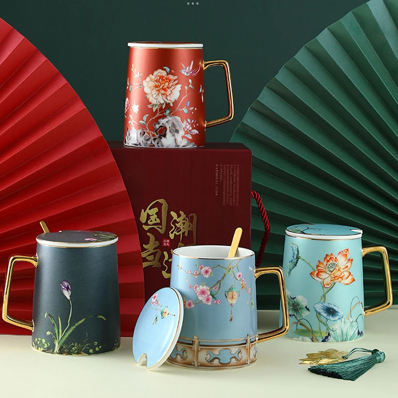 Chinese Style Ceramic Mug With Flower Pattern Vintage Floral Tea Cups With Handles Best Gifts For New Year's Gifts Mother's Day