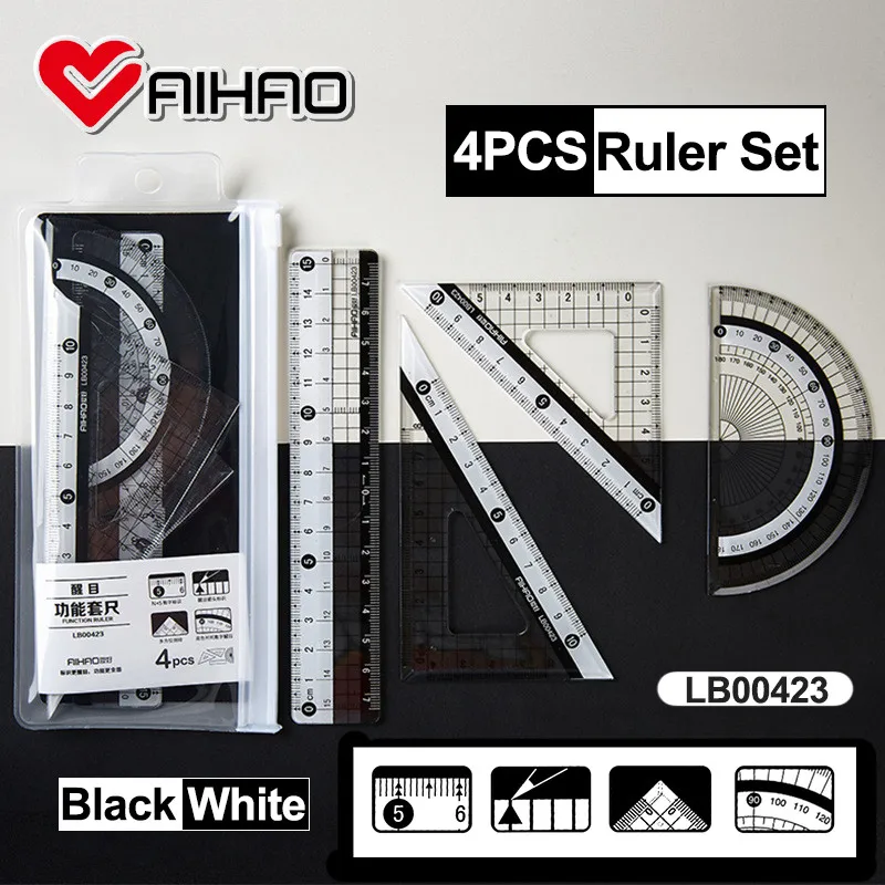 

AIHAO Stationery New Student 4-piece Black and White Ruler Set -15cm Straight Ruler+Triangle Board+Angle Gauge