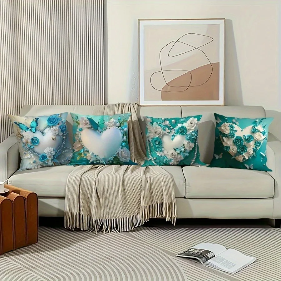 

A set of 4 dreamy blue and white heart-shaped floral pillowcases, perfect for decorating sofas, bedrooms, and living rooms.