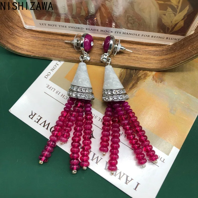 

NISHIZAWA Purple Beads Earrings Woman Long Tassels Glaze Vintage Jewelry Palace Style Fashion Hyperbole Elegant Aretes De Mujer