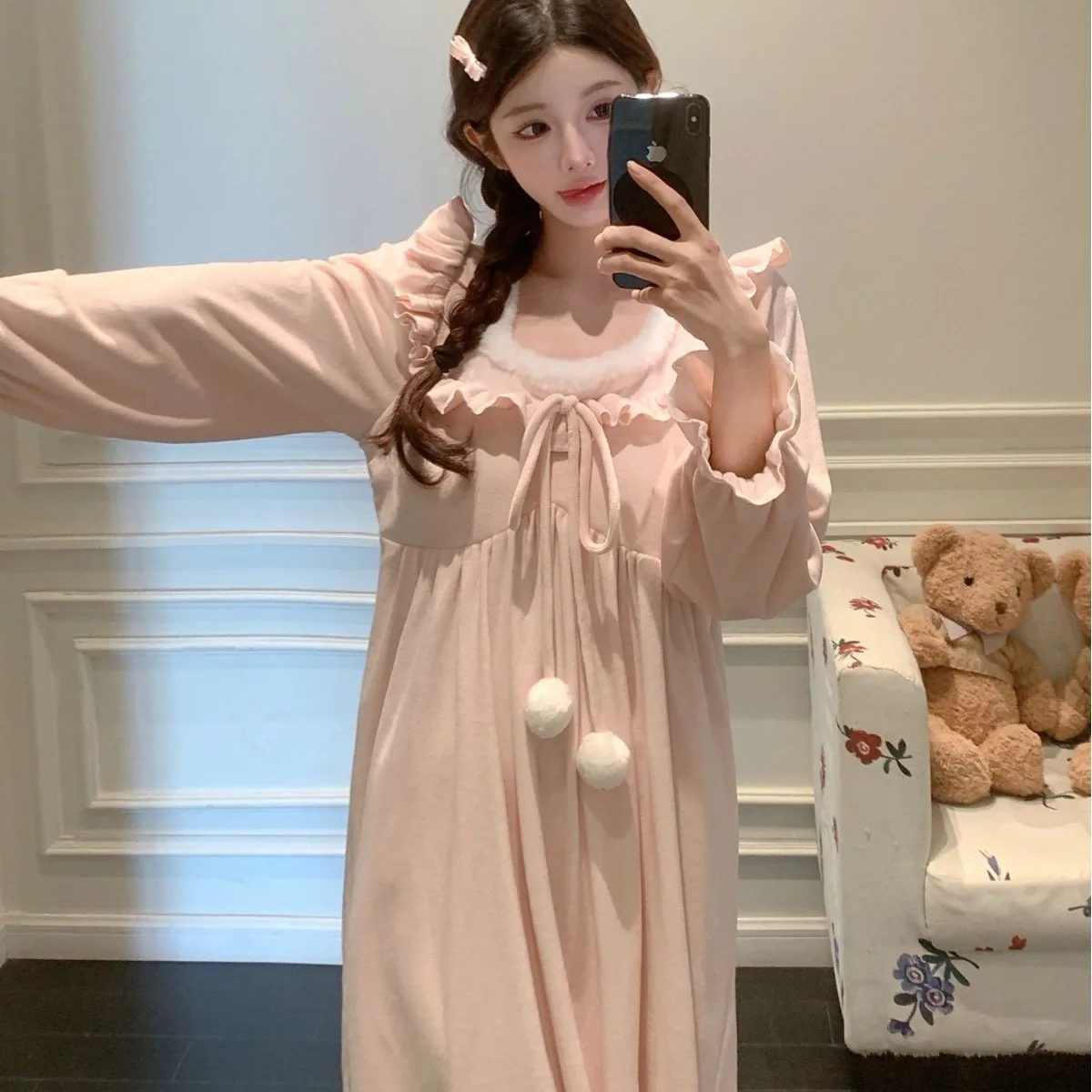 

Autumn Winter Flannel Women Sleepwear Long Nightgown Sweet Cute Coral Fleece Nightdress Lounge Wear Loose Home Dress Nightwear