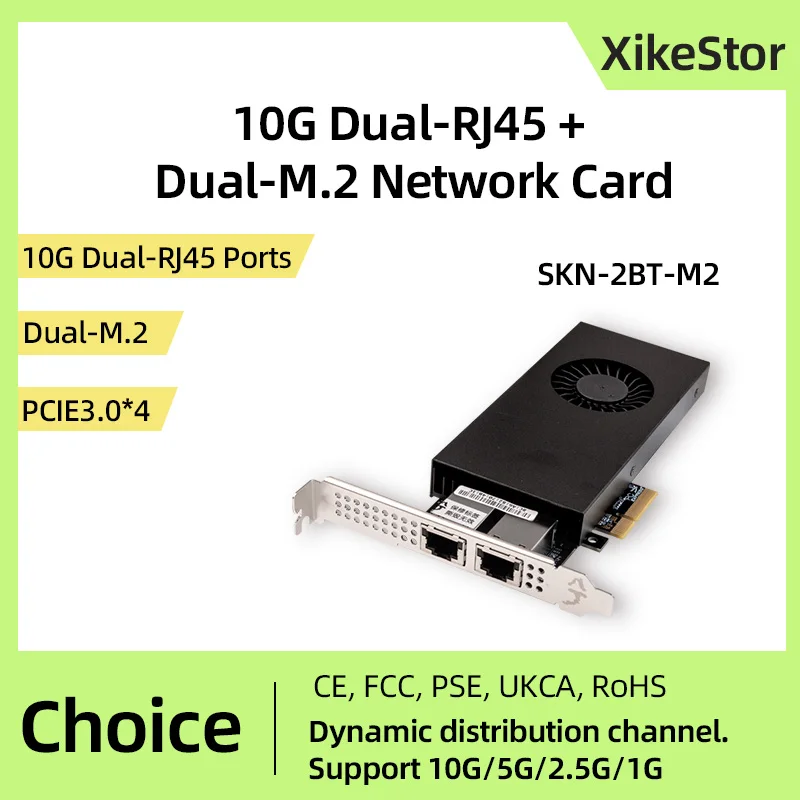 XikeStor 10G Dual RJ45 Port Dual M.2 Mixed type Network Card PCIE3.0*4 Port Automatic Channel Allocation Support NAS