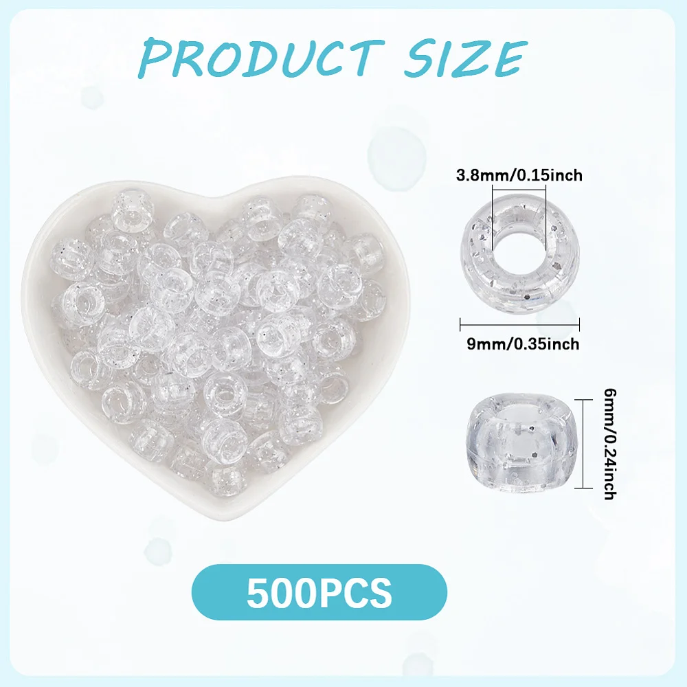 1 Box 500Pcs Clear Pony Beads Sparkly Plastic Beads 9mm Large Transparent Sparkling Crow Barrel Kandi Glitter Pony Beads