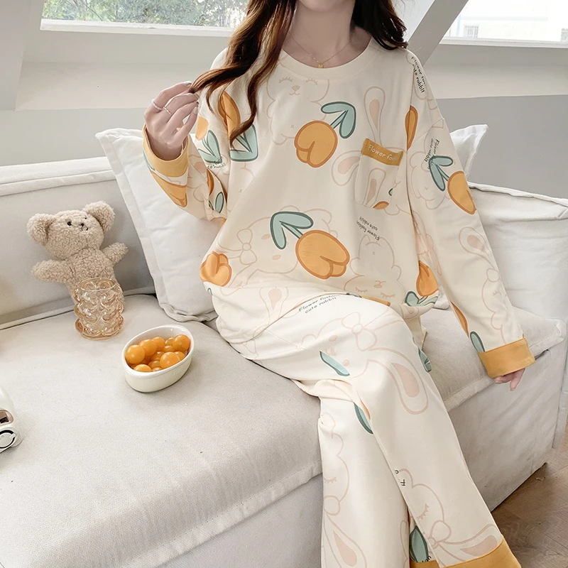 Conjuntos de pijamas para mujer, ropa de dormir juvenil con estampado elegante y cuello redondo, moda coreana, ropa de casa de otoño, pijamas populares clásicos holgados a la moda Ins