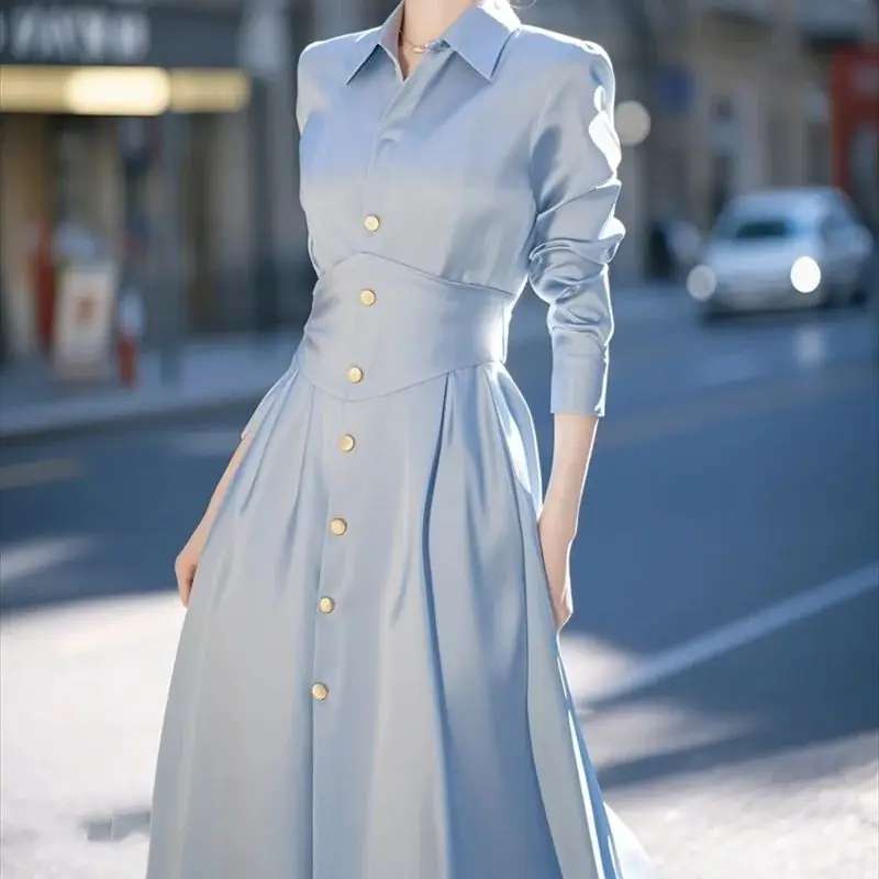 الأزرق مكتب سيدة فستان ستان الربيع الفرنسية أنيقة التلبيب عالية الخصر واحدة الصدر ألف خط فساتين النساء فستان ميدي رسمي