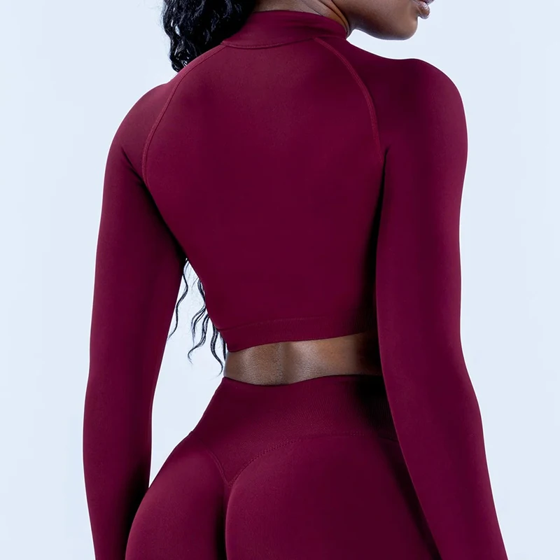 Sports Crop Zippy Fitness Top Women Long Sleeve Sports Crop Top Seamless Running Gym Shirts Workout Quick Dry Pilates Yoga Shirt