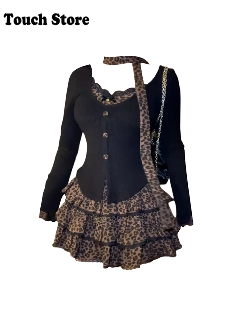 Fall Winter Women Halloween Coquette 2000s Shoujo Girl Kpop 2000s Outfits 2 Piece Set Long Sleeve Leopard Lace Tops + Mini Skirt