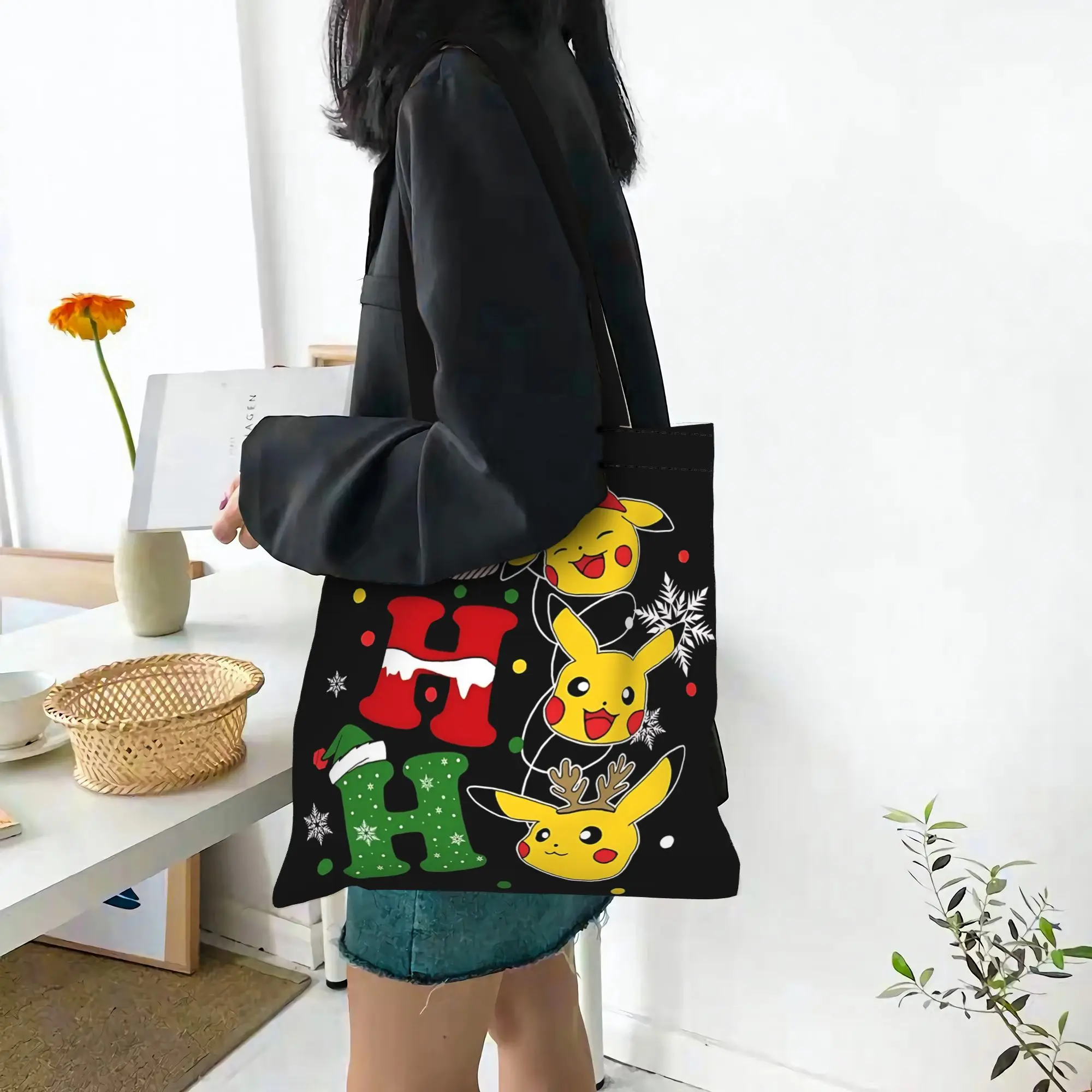 Customized Pokemon Pikachu Christmas Women's Bag Shopping Bag Reusable Double Sided Canvas Tote Bag Shoulder  Handbag