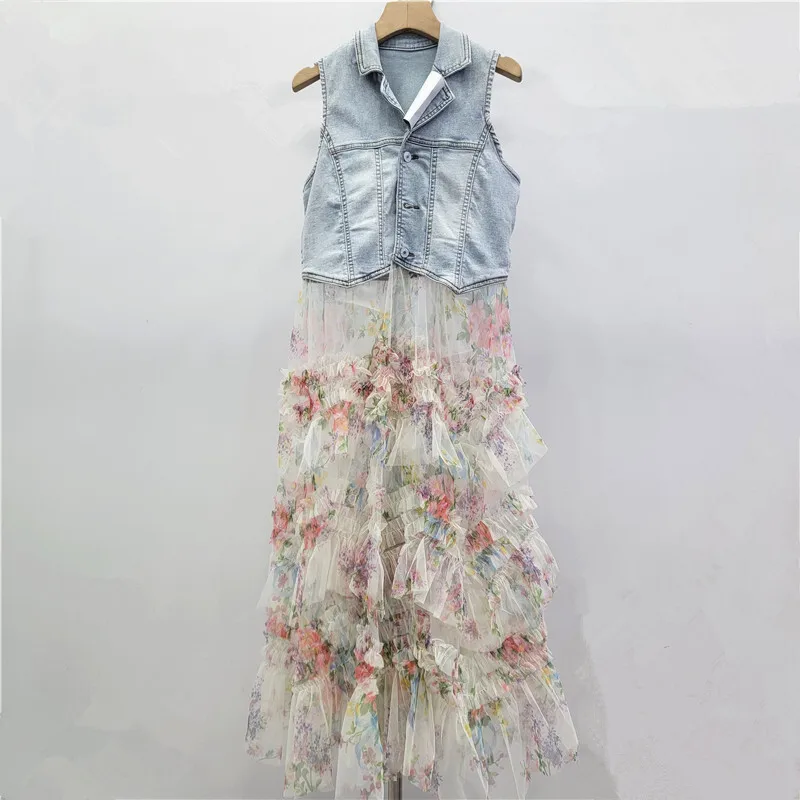 ANJY Herfst Nieuwe Vrouwen Europese Slim Fit Denim Vest Patchwork Gedrukt Mesh Zoete Taart Rok Elegante Bloemen Puffy Ins Jurk A16769