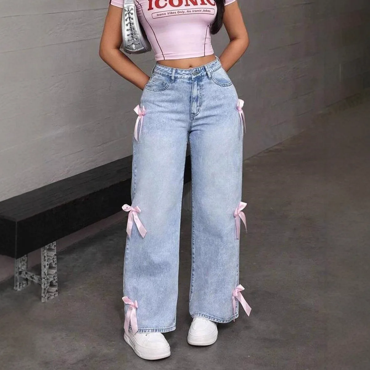Y2K American Bow Washed Jeans Street Loose Straight Leg Wide Leg Pants