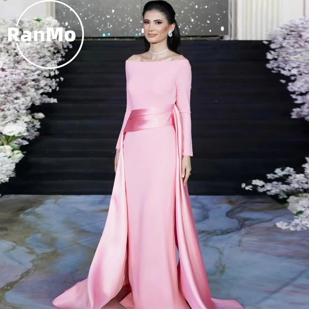 

Ranmo Elegant Women Pink Evening Formal Dress Off-Shoulder Pleats Long Sleeves Mermaid Prom Pageant Party Gowns Robe De Soiree